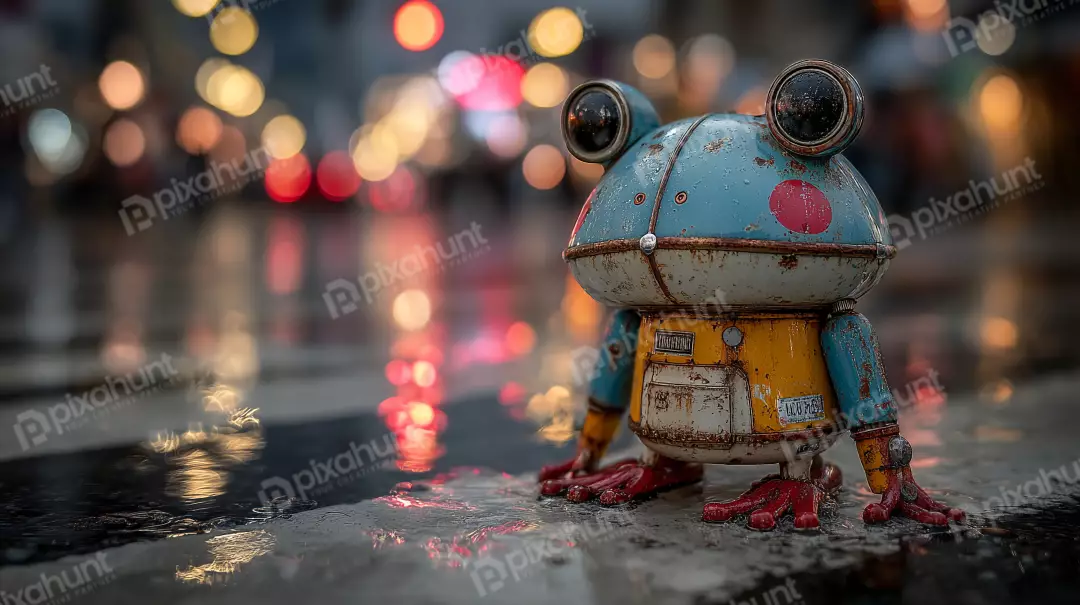 Free Premium Stock Photos Rusty robot frog character in wet city street at night