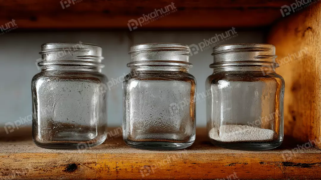 Free Premium Stock Photos Three Vintage Glass Jars on Rustic Wooden Shelf with White Granular Substance