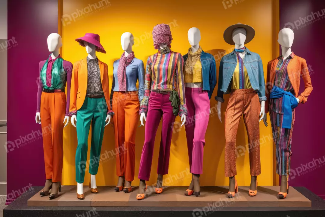 Vibrant Mannequins Display Eclectic Fashion Collection Against Colorful Backdrop