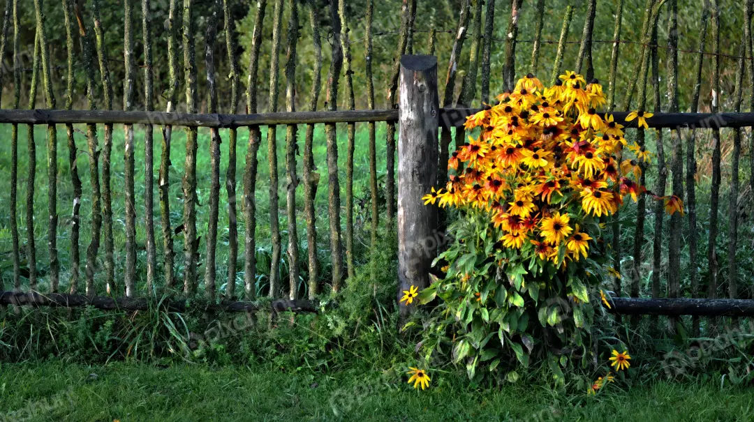 Vibrant Yellow Coneflowers Bloom by Rustic Wooden Fence in Lush Green Garden