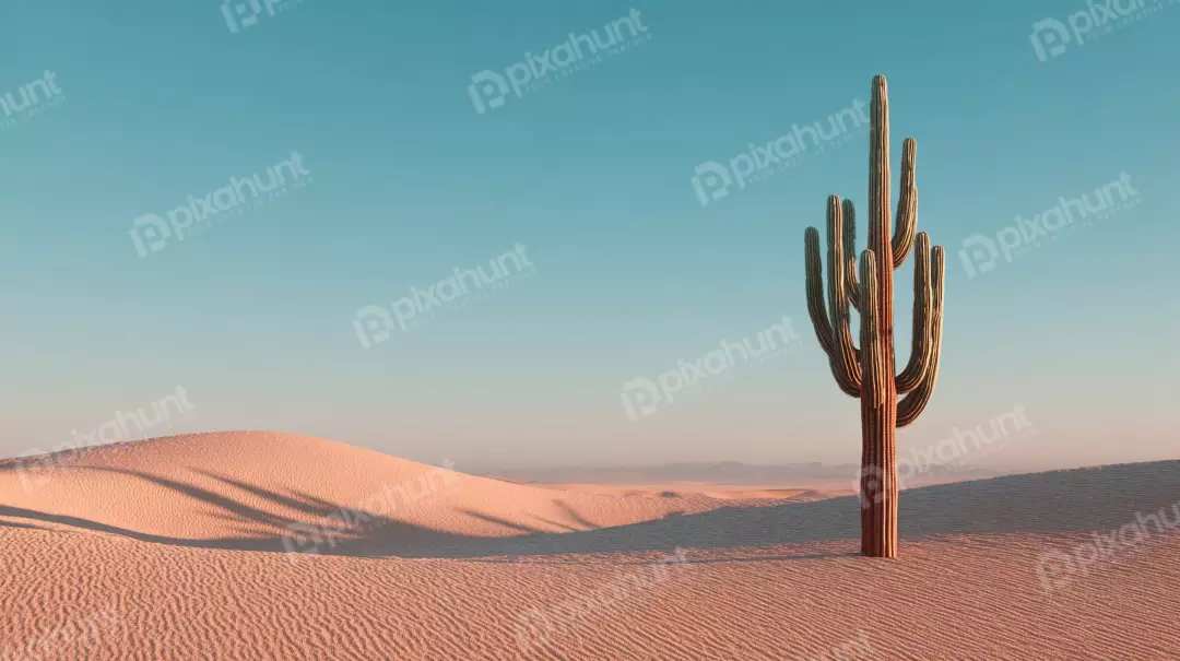 Majestic Saguaro Cactus in Serene Desert Landscape at Golden Hour