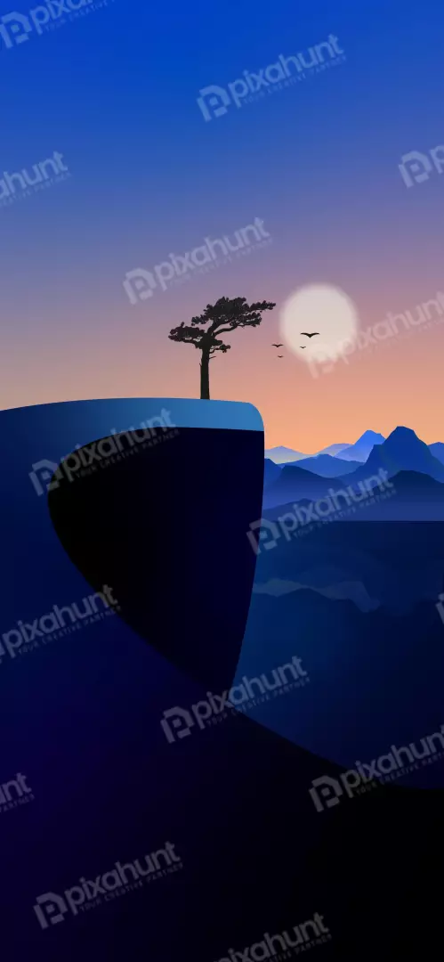 Free Premium Stock Photos Minimalist Landscape: Lone Tree on Cliff Edge at Dusk