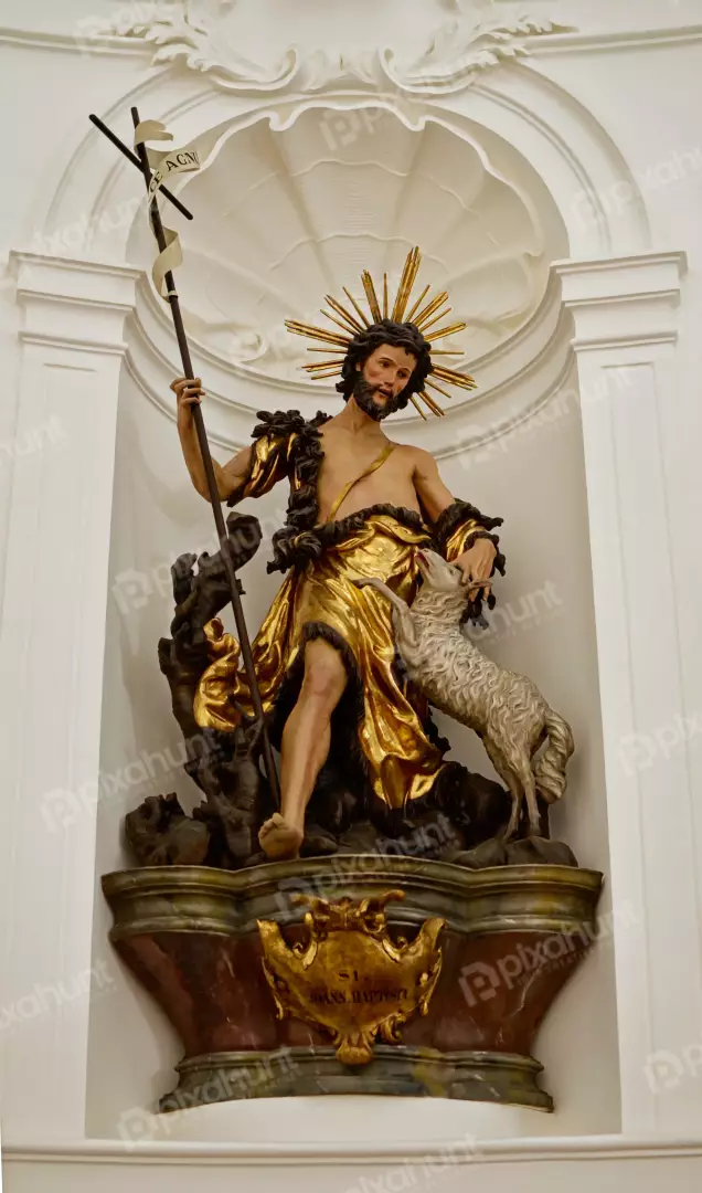 Baroque Sculpture of Saint John the Baptist with Lamb and Agnus Dei Banner