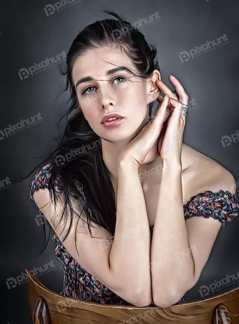 Young Woman Posing with Clasped Hands on a Carved Wooden Chair