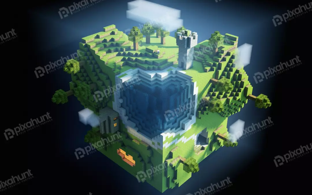 Blocky Fantasy Floating Island with Castle, Serene Lake, and Glowing Elements