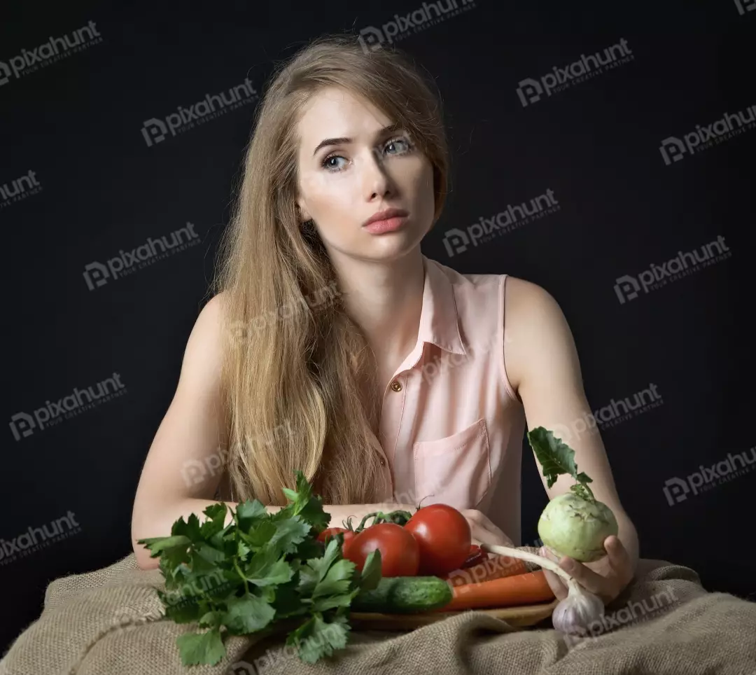 Young Woman Pondering Healthy Vegetables for Cooking on Rustic Table