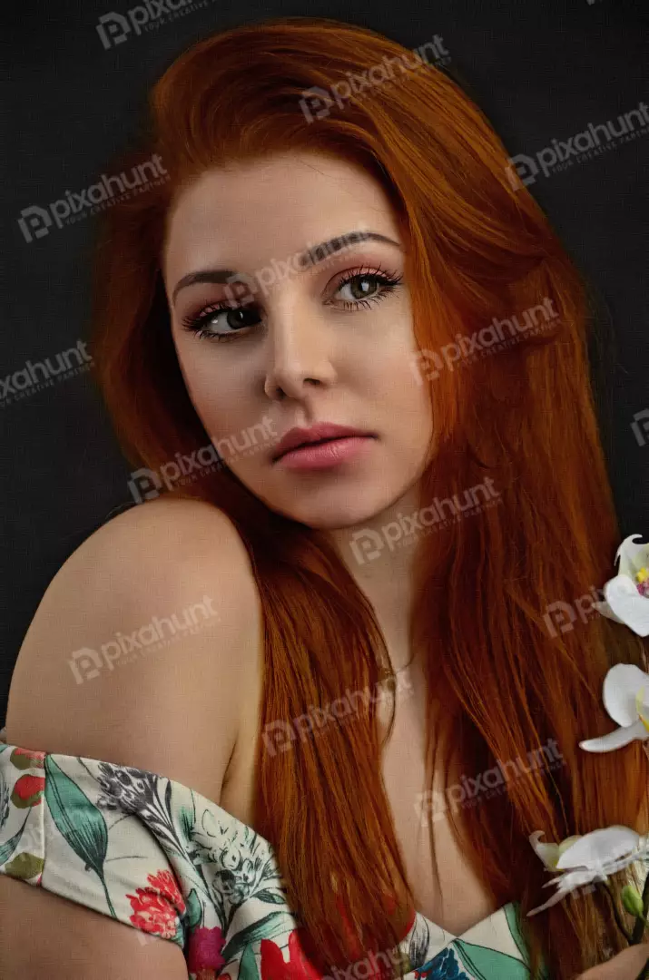 Captivating Red-Haired Woman in Floral Off-Shoulder Dress with Orchids