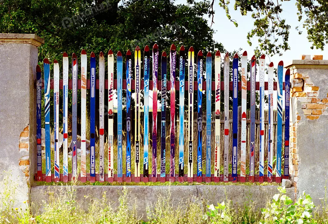 Colorful Repurposed Skis Form Unique Garden Fence with Rustic Charm