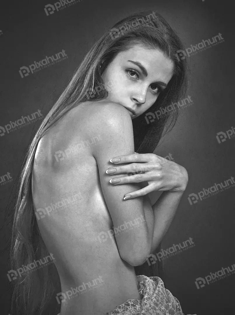 Artistic Black and White Portrait of Young Woman with Long Hair and Expressive Gaze