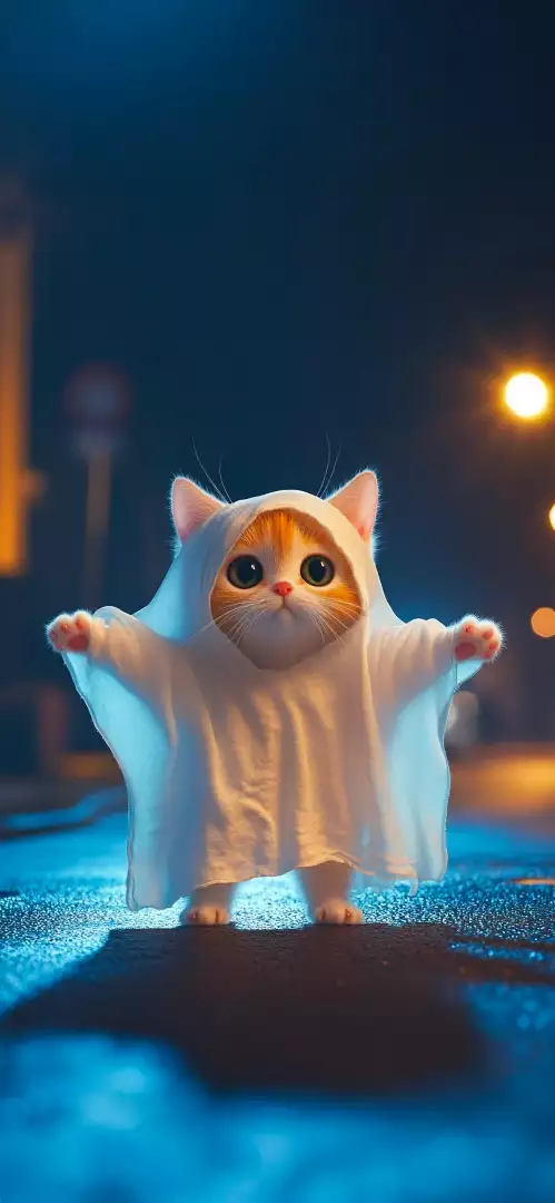 Free Premium Stock Photos Adorable kitten in a ghost costume at night