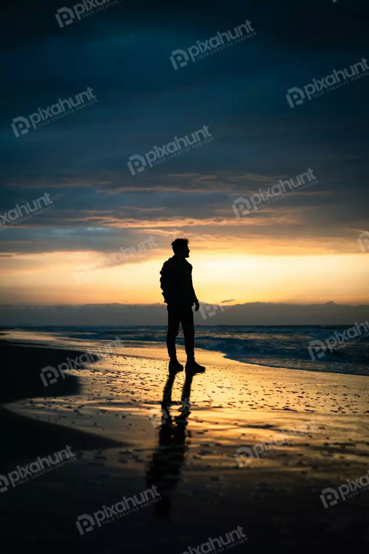 Free Premium Stock Photos Solitary Figure Beach Sunset Reflection