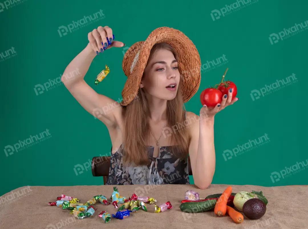Woman in Straw Hat Choosing Between Fresh Vegetables and Candies