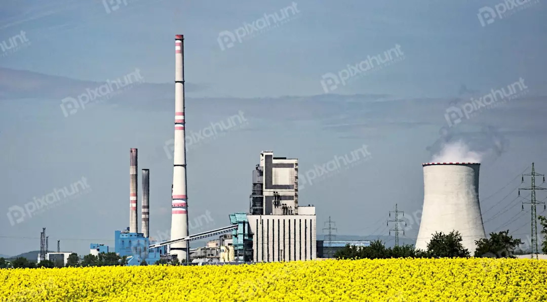 Industrial Power Plant with Cooling Tower and Smokestacks Overlooking a Vibrant Rapeseed Field