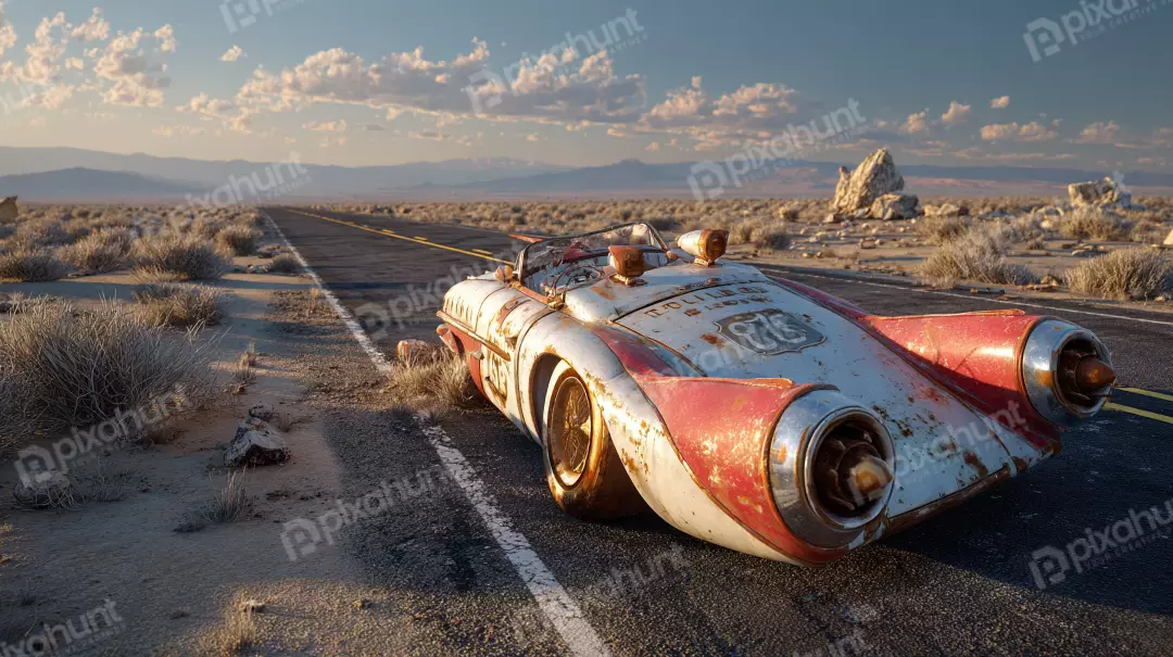 Free Premium Stock Photos Rusted retro-futuristic car abandoned on a desert highway at sunset