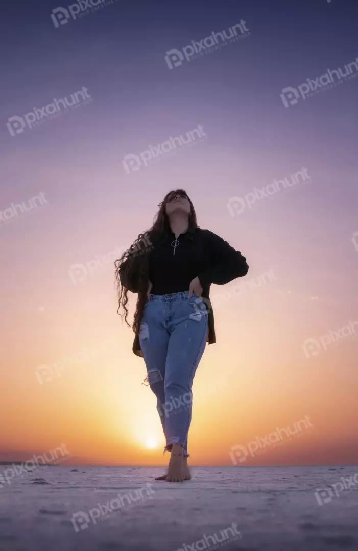 Free Premium Stock Photos Empowered Woman Sunset Desert Landscape