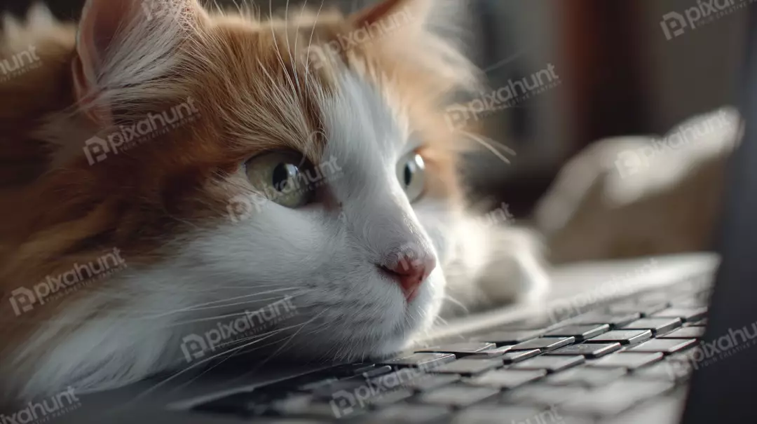 Free Premium Stock Photos Fluffy Ginger and White Cat Resting Head on Laptop Keyboard Close-up