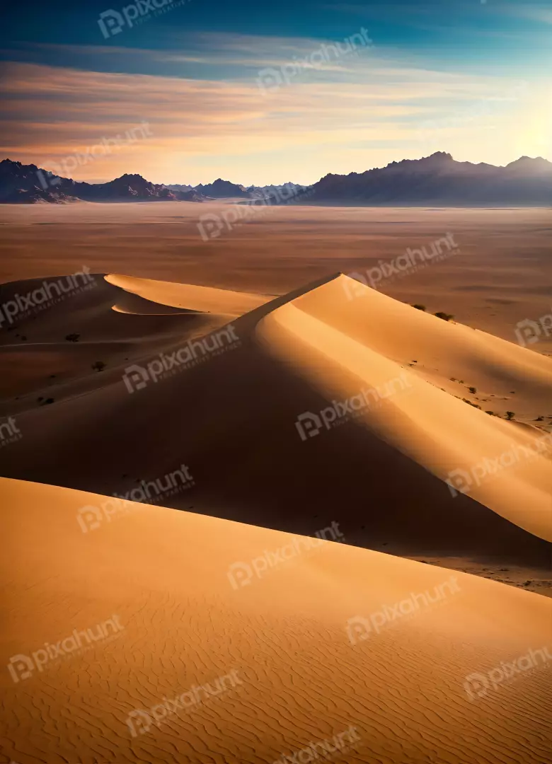 Free Premium Stock Photos Golden desert sand dunes under a dramatic sunset sky with mountains in distance