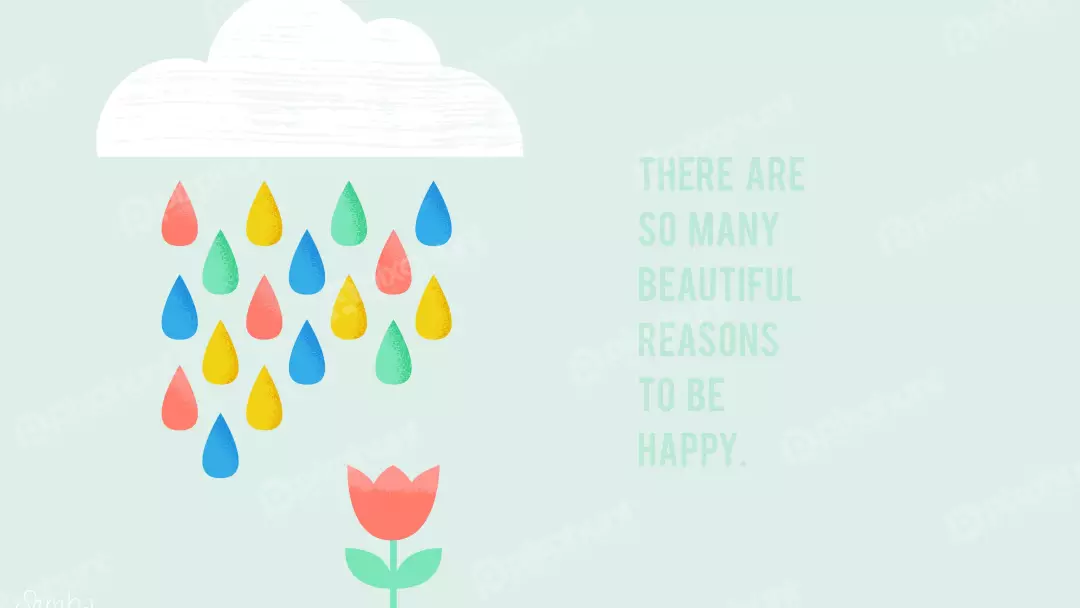 Uplifting Illustration of Colorful Raindrops, a Vibrant Tulip, and a Happy Motivational Quote