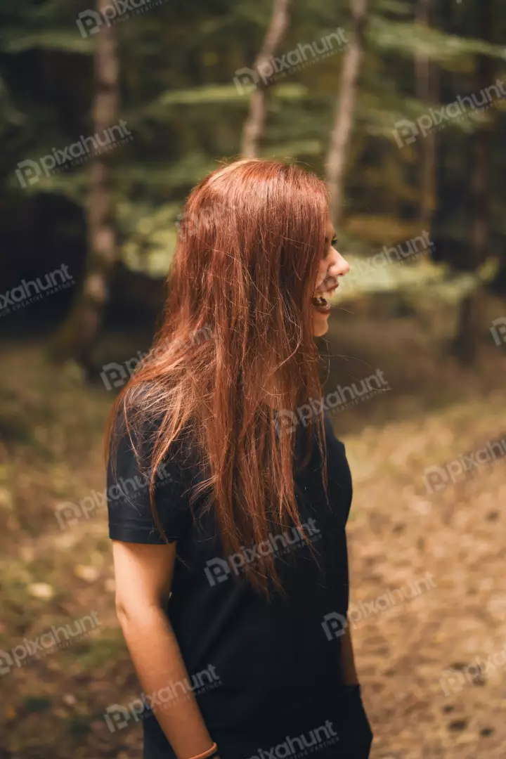Free Premium Stock Photos Joyful Redhead Woman Smiling in a Natural Forest Environment