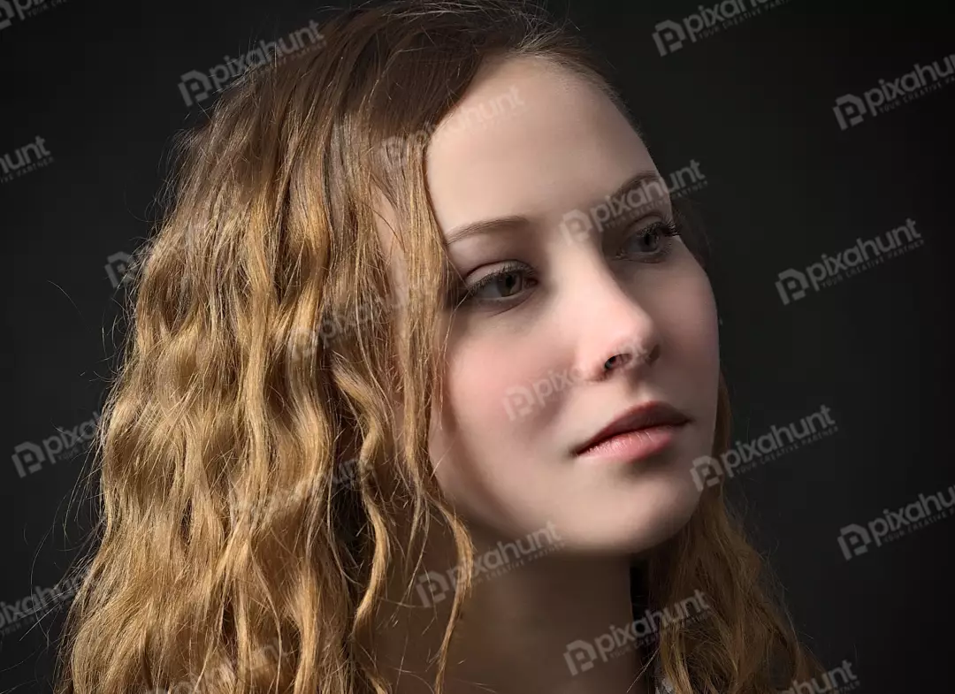 Thoughtful Young Woman with Flowing Wavy Hair Portrait on Dark Background