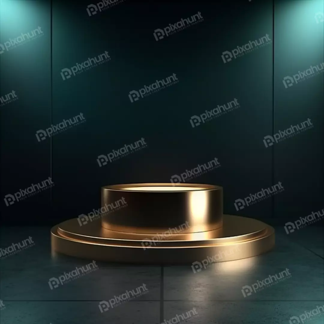 Luxury Gold Cylindrical Product Display on Dark Stage with Teal Spotlight