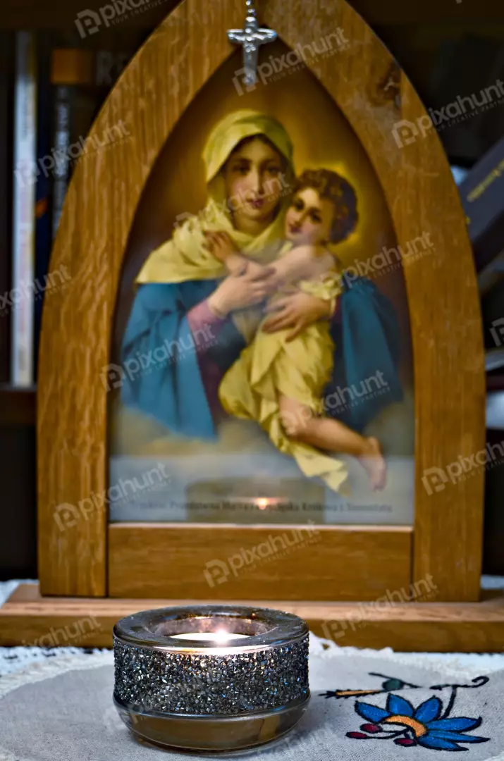 Wooden Framed Madonna and Child Painting with Lit Candle, Devotional Christian Art