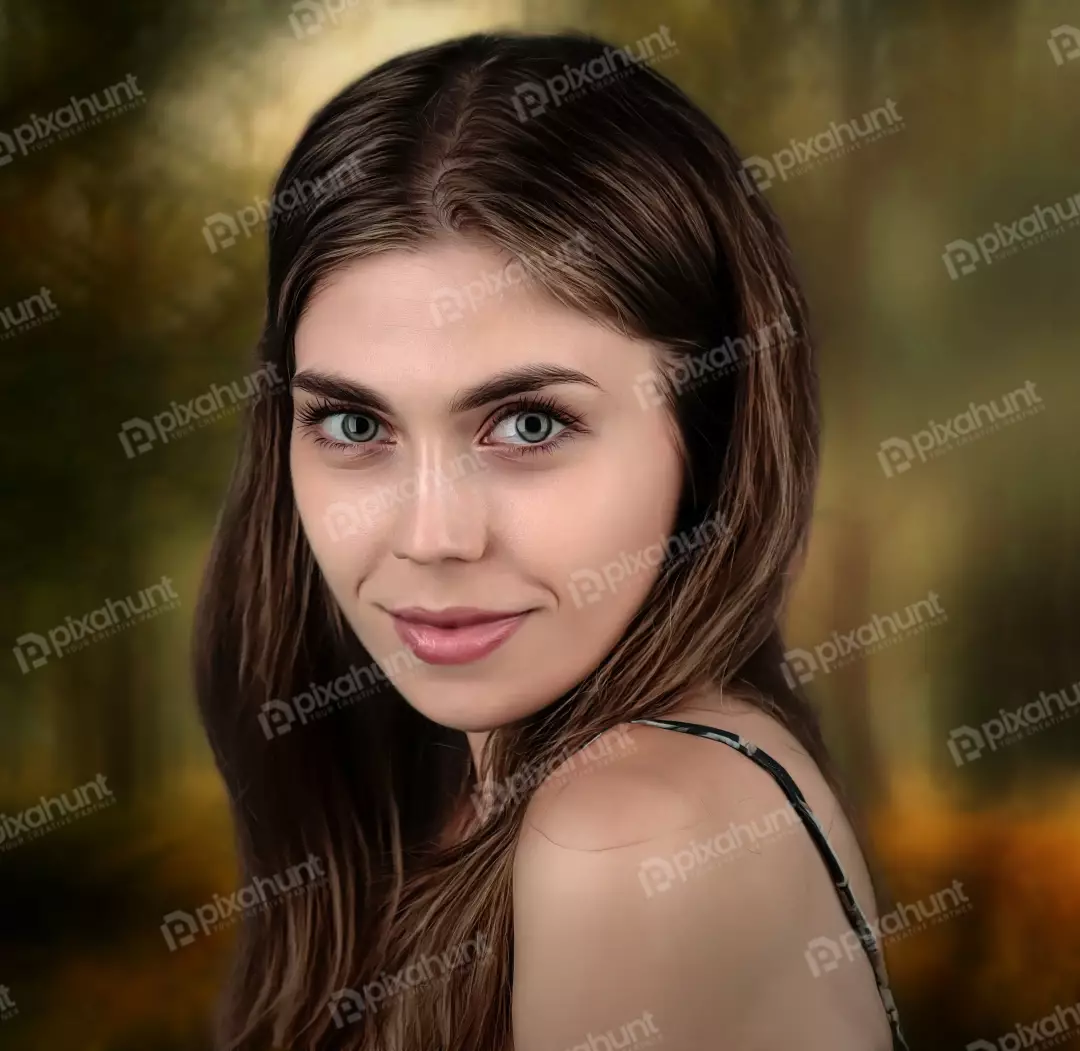 Portrait of a Smiling Woman with Green Eyes and Flowing Brown Hair