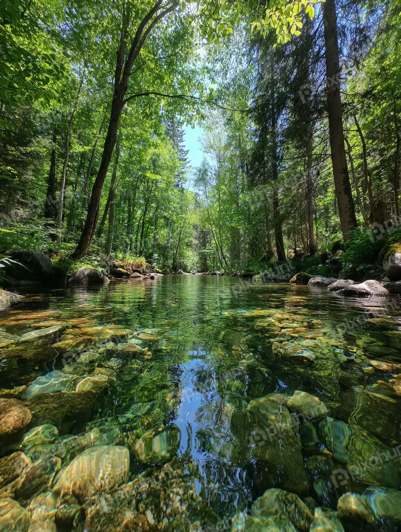 Free Premium Stock Photos Sunlit Forest Stream Revealing Vibrant Stones Through Transparent Water