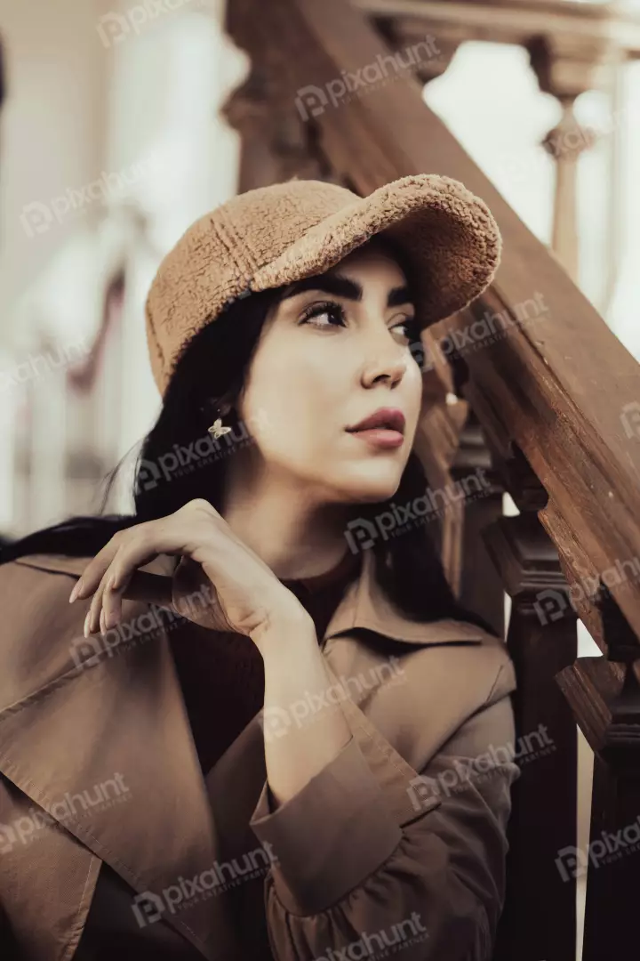 Free Premium Stock Photos Stylish Woman in Brown Trench Coat and Teddy Cap