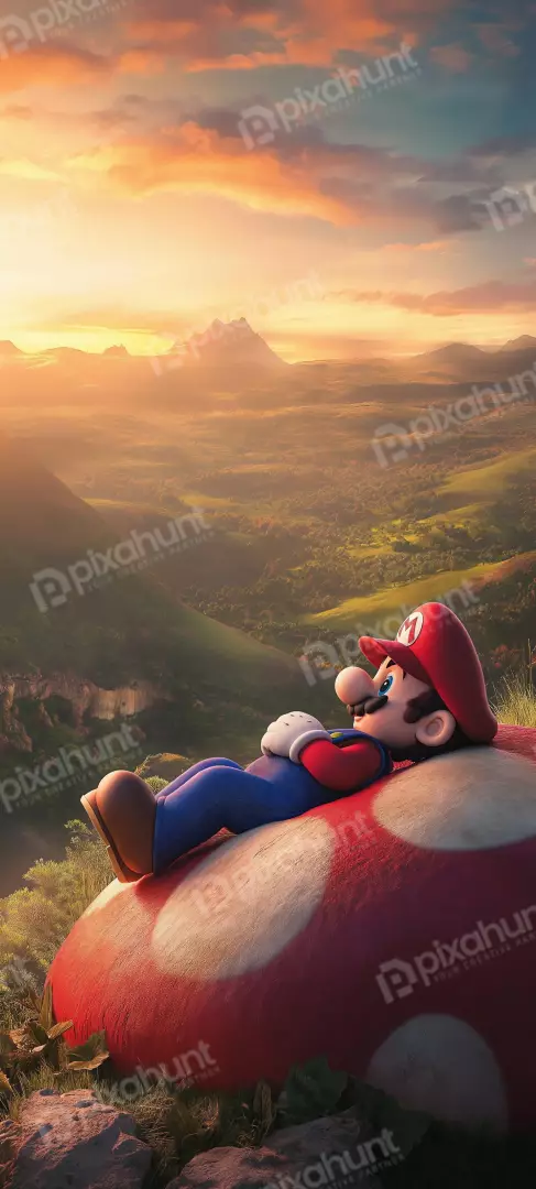 Free Premium Stock Photos Mario relaxing on a giant mushroom overlooking a scenic landscape at sunset