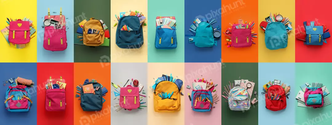 Collection of Colorful School Backpacks and Assorted Supplies on Vibrant Backgrounds