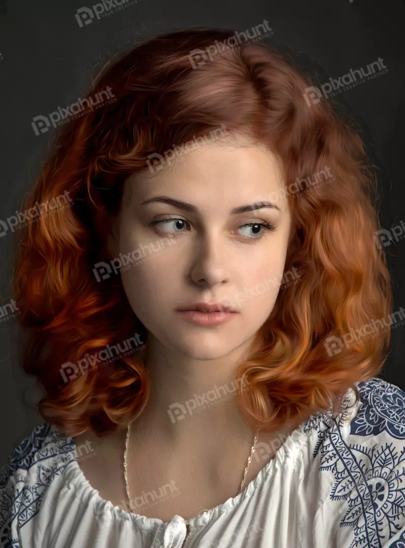 Pensive Young Woman with Reddish Curly Hair and Serene Side Glance