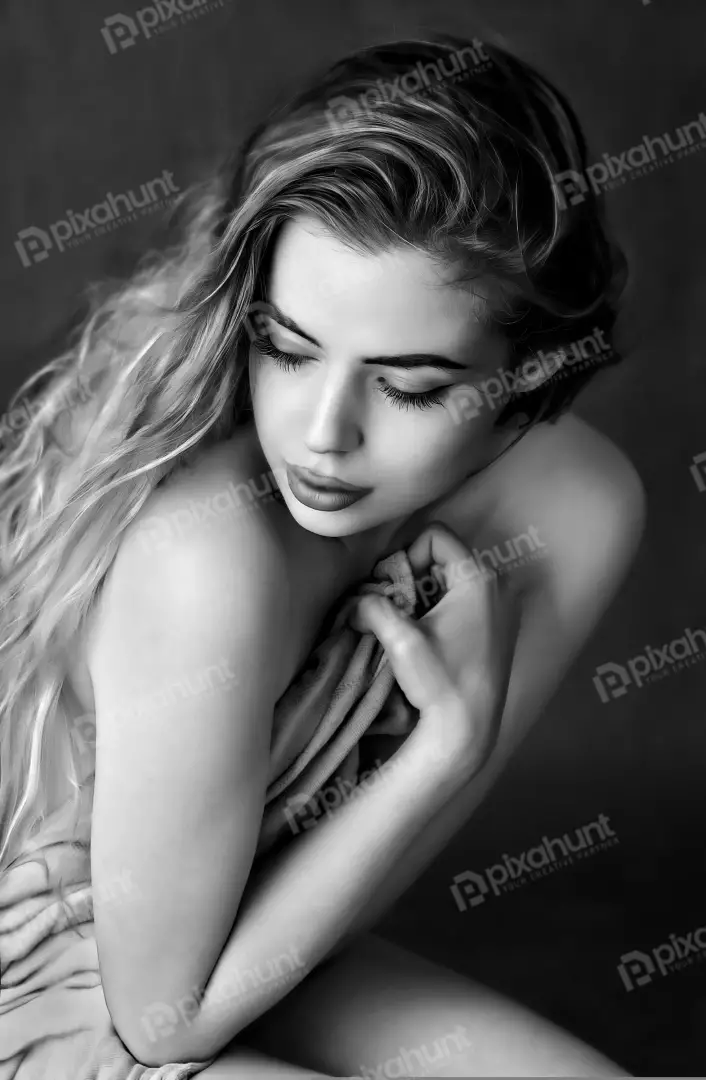 Pensive Young Woman with Long Hair and Closed Eyes in Black and White Portrait