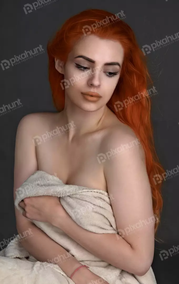 Red-Haired Woman Wrapped in Beige Towel with Bare Shoulders in Pensive Pose