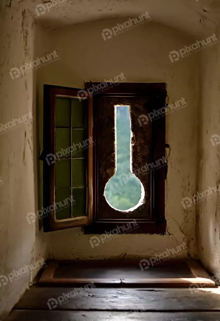 Ancient Keyhole Window in Castle Wall with Distant Green View