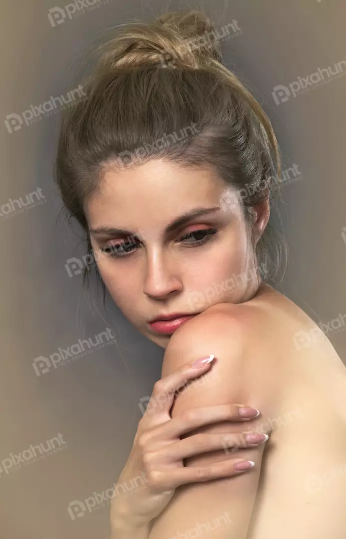 Pensive Young Woman with Messy Bun Natural Beauty Portrait