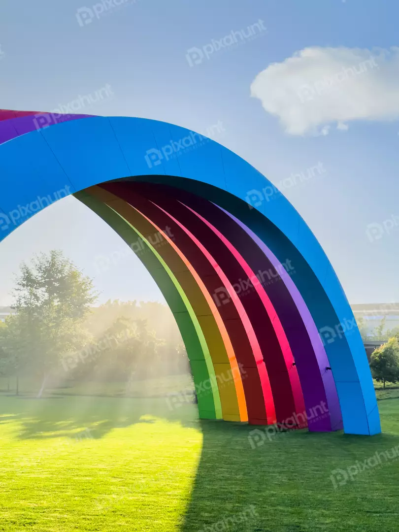 Free Premium Stock Photos Vibrant Rainbow Arch Sculpture on a Sunny Day with Lush Green Grass