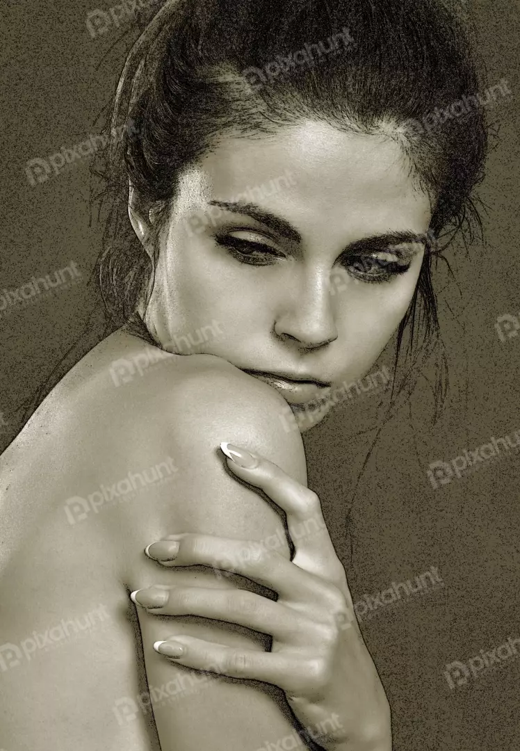 Artistic Sepia Portrait of Pensive Young Woman with Bare Shoulders