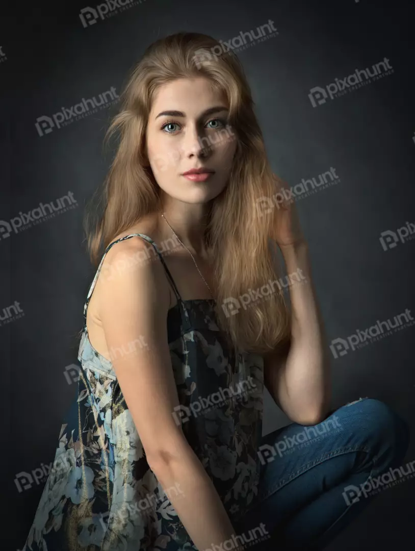 Captivating Young Woman with Blonde Hair Posing Thoughtfully in Floral Top
