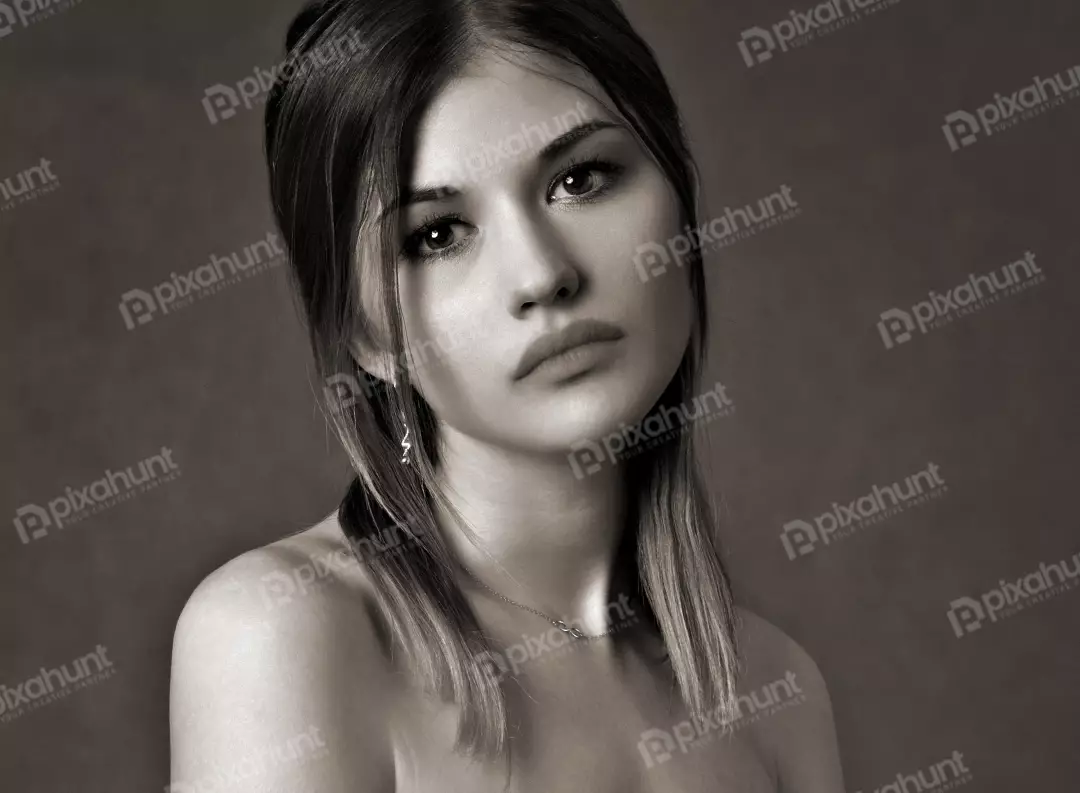 Elegant Sepia-Toned Portrait of a Pensive Young Woman with Bare Shoulders