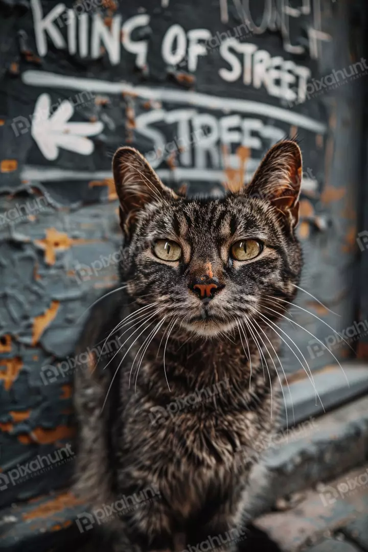 Free Premium Stock Photos Close-up portrait of a tabby cat with striking yellow eyes against a graffiti-covered wall