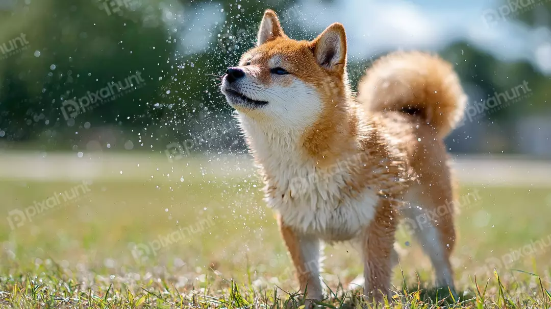 Free Premium Stock Photos Energetic Shiba Inu Dog Shaking Water from Wet Fur in Sunny Outdoor Park