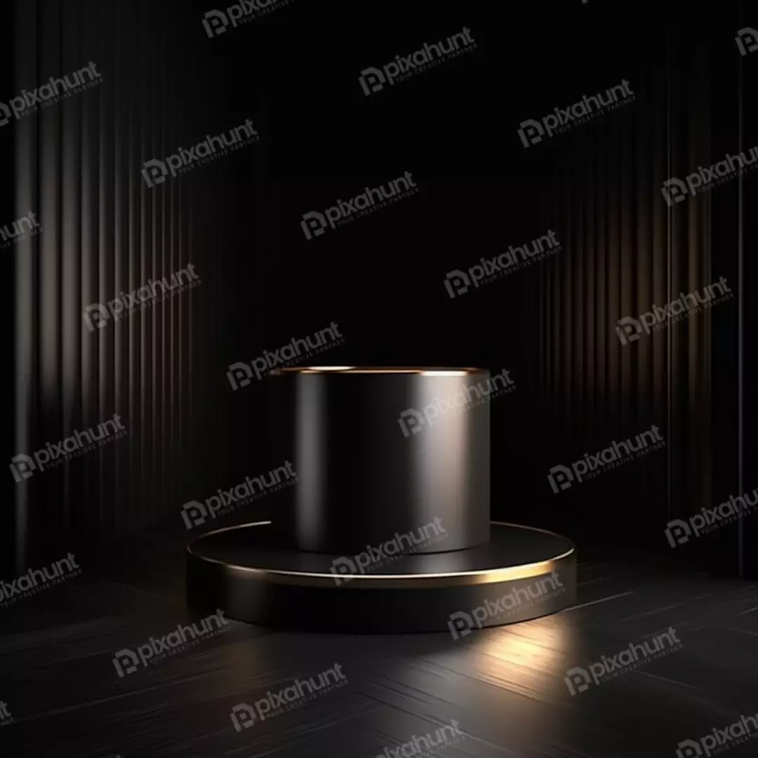 Elegant Black Product Presentation Podium with Golden Trim on Dark Stage