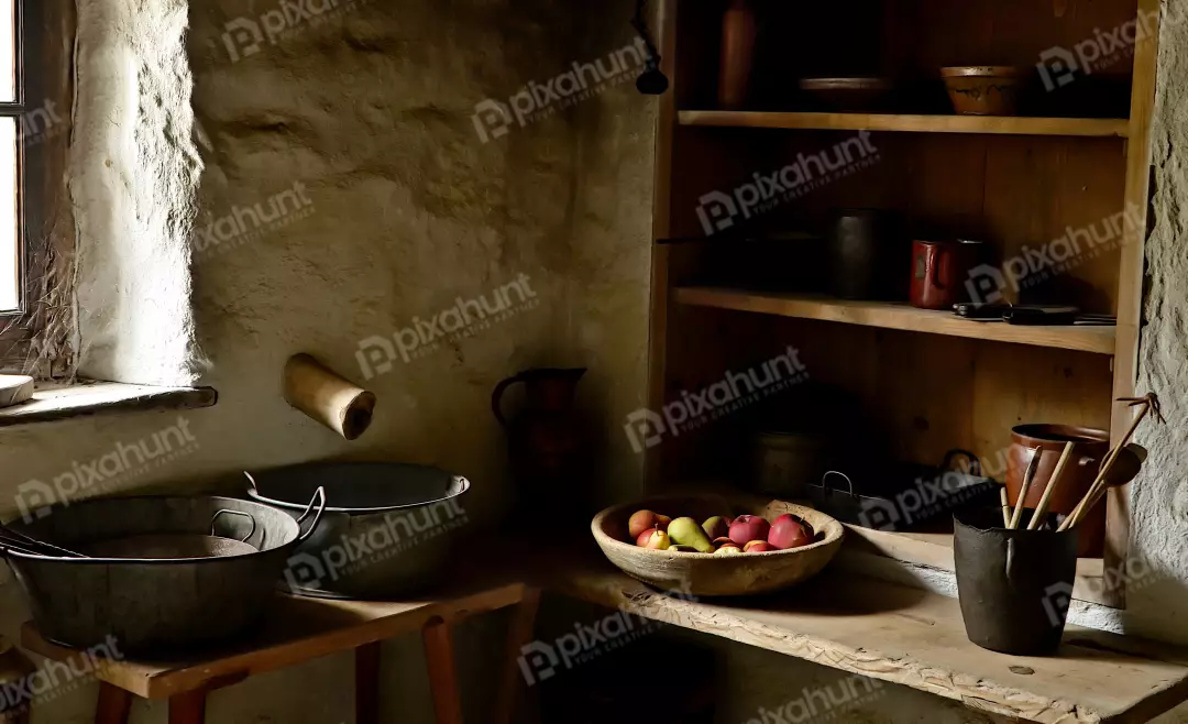 Rustic Farmhouse Kitchen Interior with Vintage Earthenware and Fresh Fruit