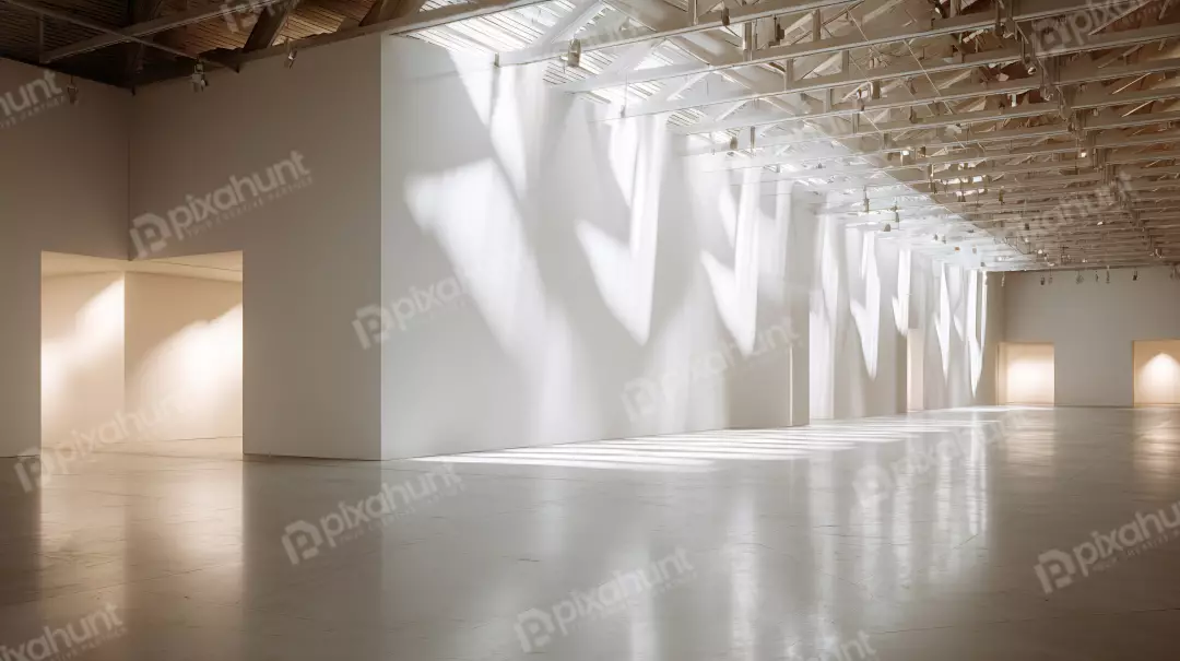 Empty Modern Art Gallery Interior with Dynamic Natural Light and Stark White Walls