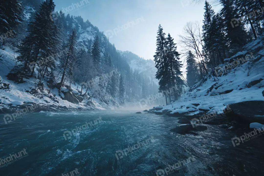 Free Premium Stock Photos Winter Forest River with Snow-Covered Mountains and Foggy Atmosphere