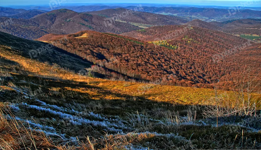 Golden Hour Light on Frosted Mountain Hills and Autumn Forests