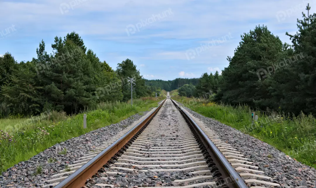 Endless Train Tracks Through Green Forest Landscape Under Blue Sky
