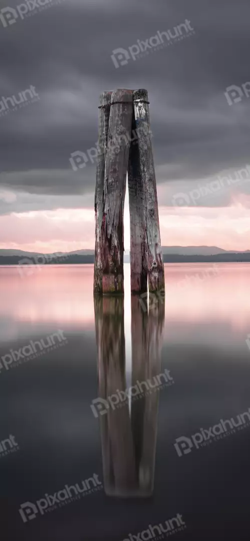 Free Premium Stock Photos Weathered wooden posts stand in calm water at dusk