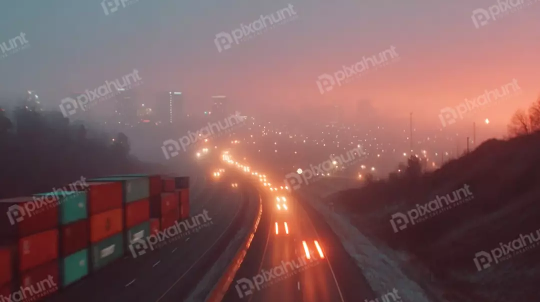 Free Premium Stock Photos Dynamic Long Exposure Captures Highway Traffic, Freight Containers, and Hazy City Skyline at Dusk